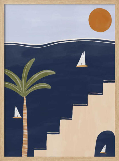 Abstract coastal art with sailboats on a dark blue sea, a palm tree, and beige stairs under a warm sun.