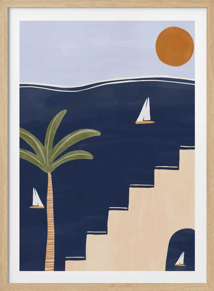 Abstract coastal art with sailboats on a dark blue sea, a palm tree, and beige stairs under a warm sun.