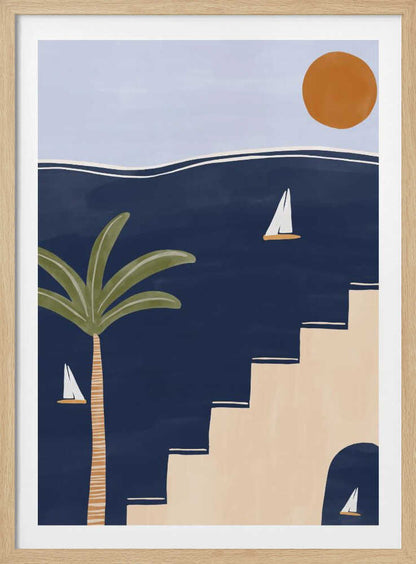 Abstract coastal art with sailboats on a dark blue sea, a palm tree, and beige stairs under a warm sun.