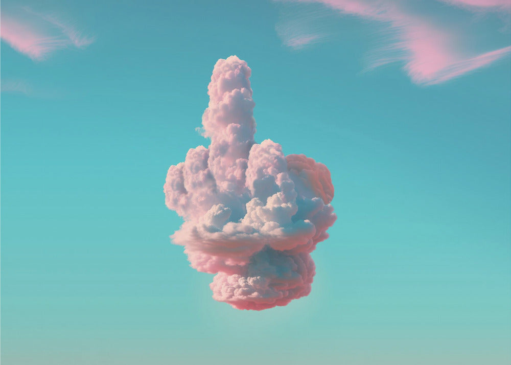 A surreal framed artwork featuring a large pink and white cloud in the shape of a hand giving the middle finger, set against a bright turquoise sky with faint wispy pink clouds. Wall Art