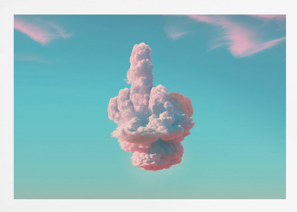 A surreal framed artwork featuring a large pink and white cloud in the shape of a hand giving the middle finger, set against a bright turquoise sky with faint wispy pink clouds. Wall Art