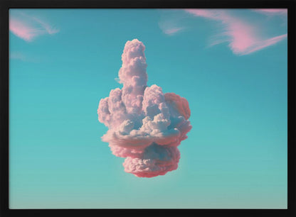 A surreal framed artwork featuring a large pink and white cloud in the shape of a hand giving the middle finger, set against a bright turquoise sky with faint wispy pink clouds. Wall Art