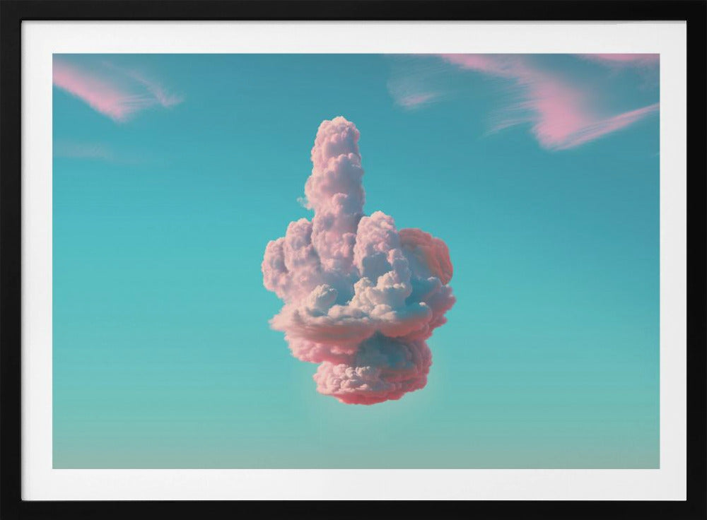 A surreal framed artwork featuring a large pink and white cloud in the shape of a hand giving the middle finger, set against a bright turquoise sky with faint wispy pink clouds. Wall Art