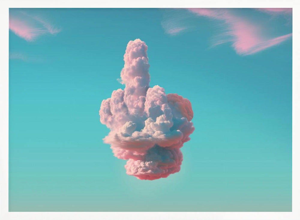 A surreal framed artwork featuring a large pink and white cloud in the shape of a hand giving the middle finger, set against a bright turquoise sky with faint wispy pink clouds. Wall Art