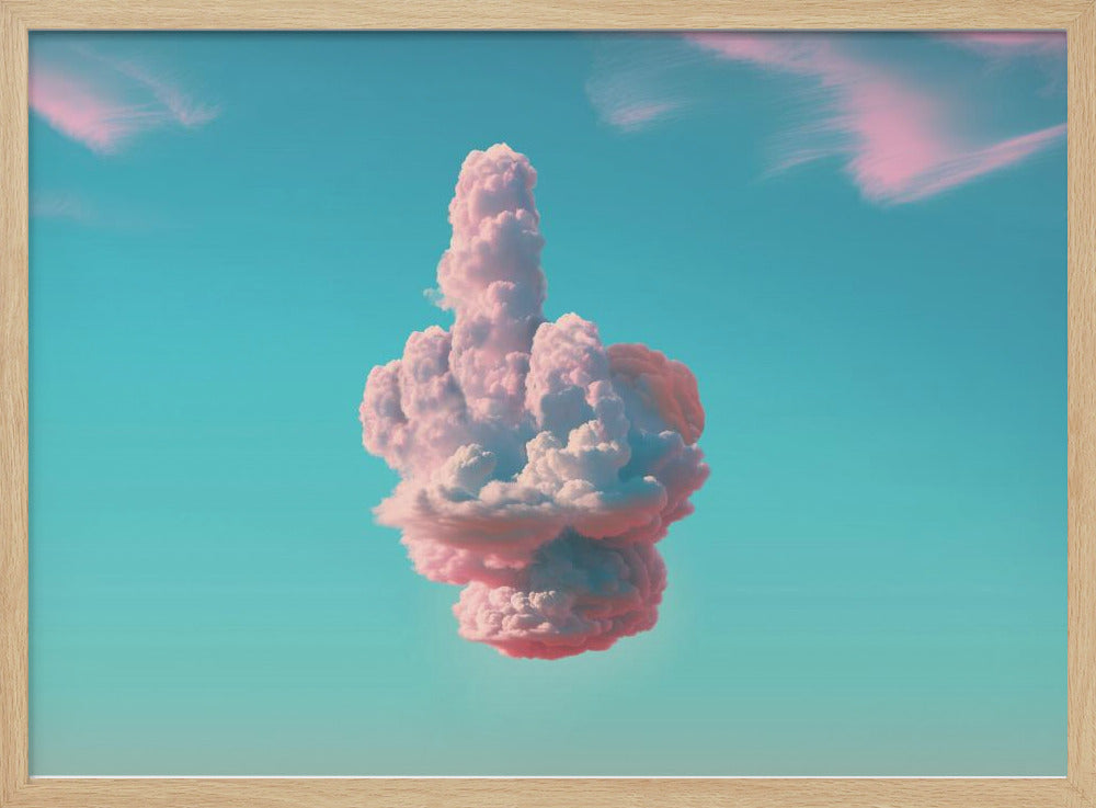 A surreal framed artwork featuring a large pink and white cloud in the shape of a hand giving the middle finger, set against a bright turquoise sky with faint wispy pink clouds. Wall Art
