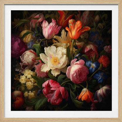 A lush bouquet of colorful tulips and peonies in a dark, vintage still life painting.