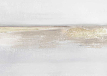 Abstract landscape art in neutral beige and white tones with shimmering gold details, set in a modern silver frame.