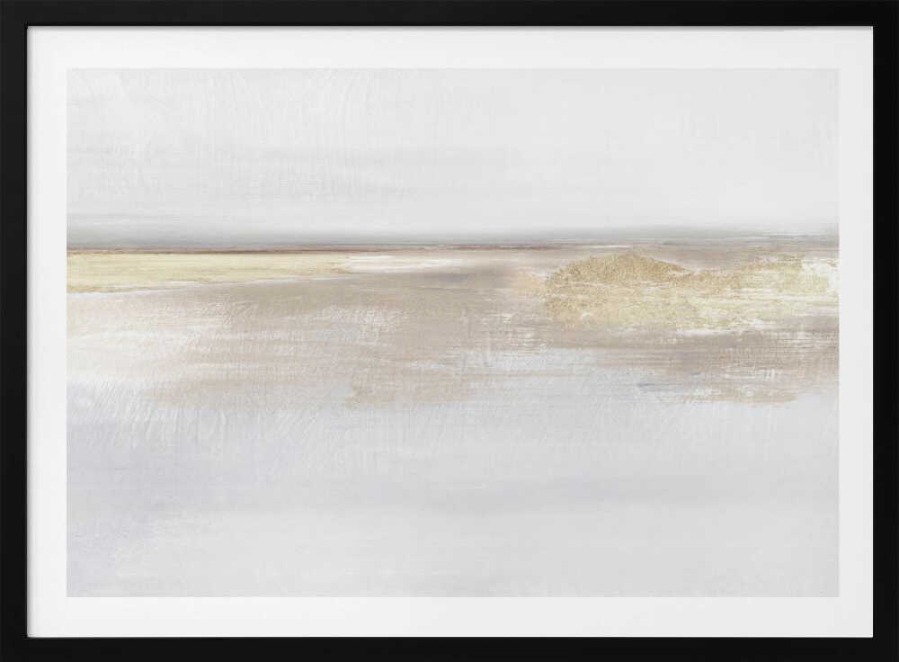 Abstract landscape art in neutral beige and white tones with shimmering gold details, set in a modern silver frame.