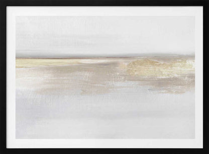 Abstract landscape art in neutral beige and white tones with shimmering gold details, set in a modern silver frame.