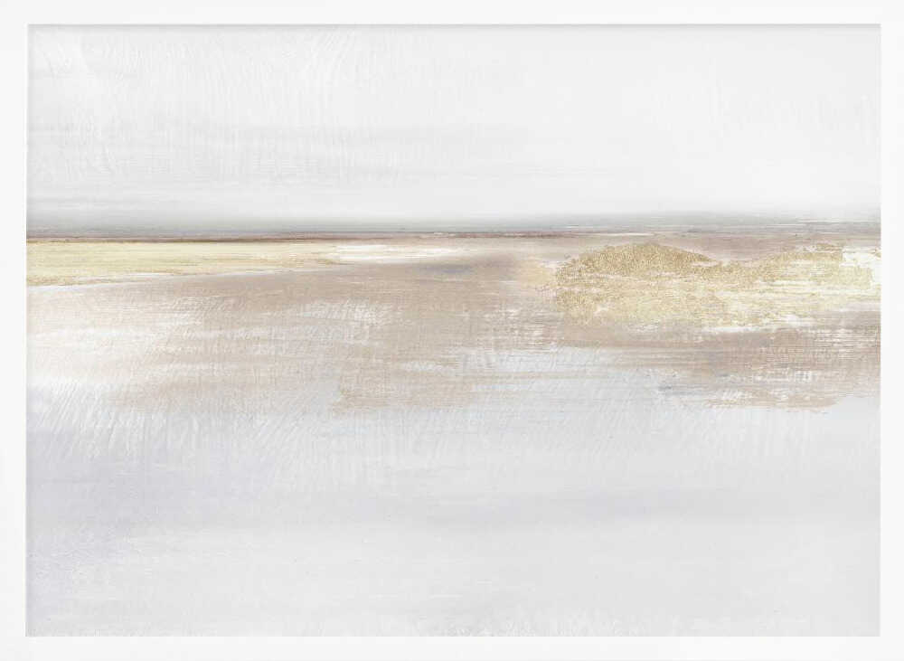 Abstract landscape art in neutral beige and white tones with shimmering gold details, set in a modern silver frame.