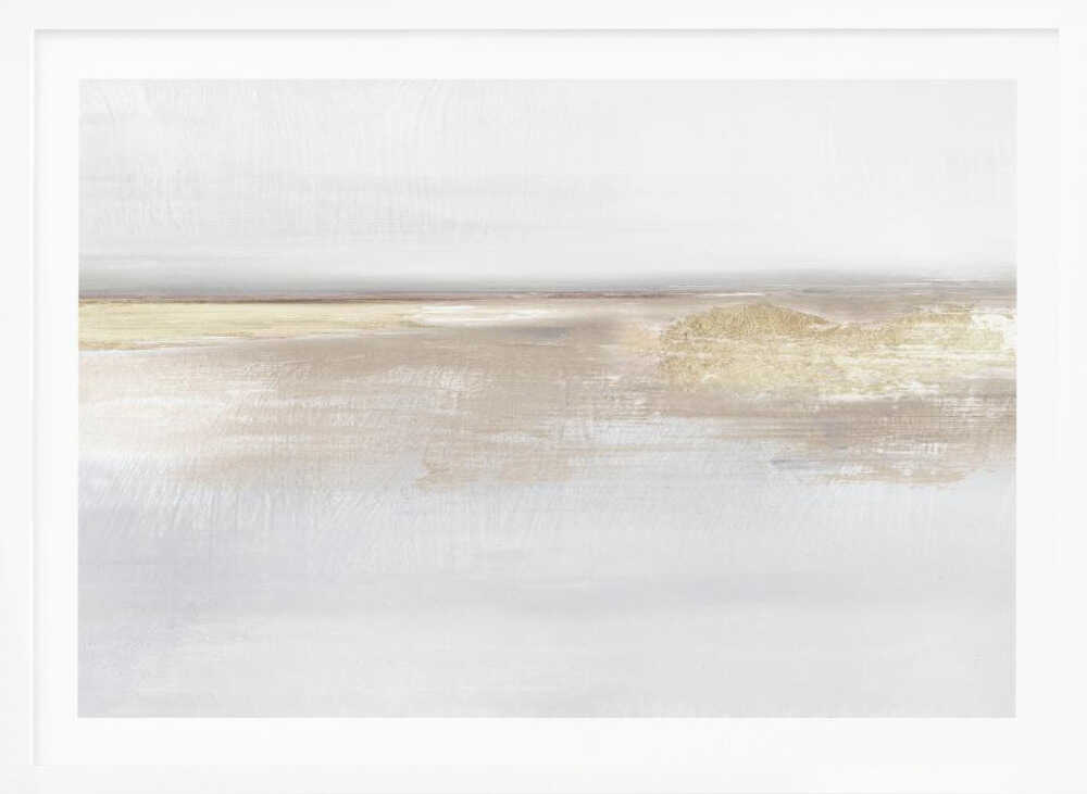 Abstract landscape art in neutral beige and white tones with shimmering gold details, set in a modern silver frame.