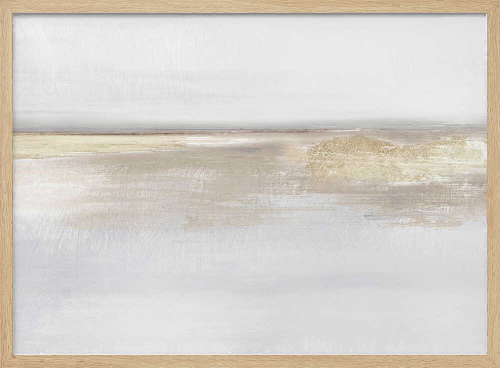 Abstract landscape art in neutral beige and white tones with shimmering gold details, set in a modern silver frame.