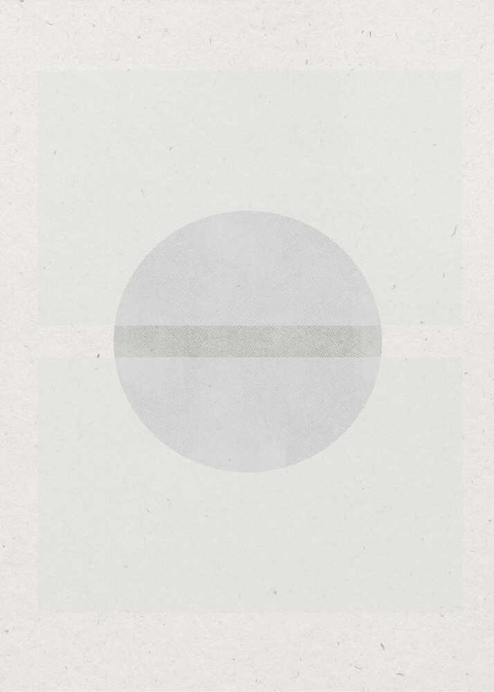 Minimalist geometric art featuring a grey circle crossed by a darker grey stripe on a textured off-white paper.