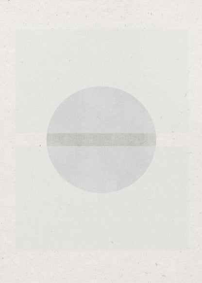 Minimalist geometric art featuring a grey circle crossed by a darker grey stripe on a textured off-white paper.