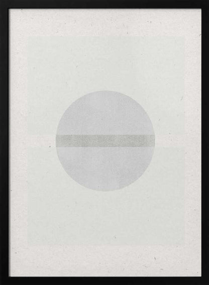 Minimalist geometric art featuring a grey circle crossed by a darker grey stripe on a textured off-white paper.