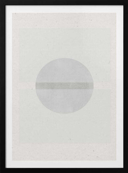Minimalist geometric art featuring a grey circle crossed by a darker grey stripe on a textured off-white paper.