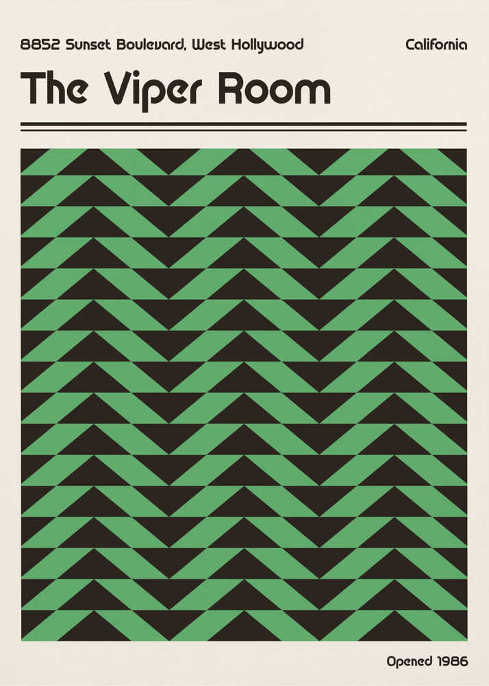 Vintage-style poster for The Viper Room in California, featuring a bold green and black geometric chevron pattern.
