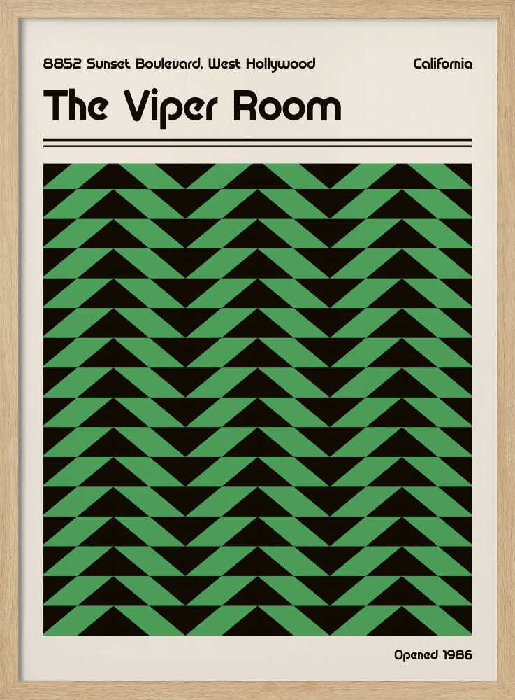 Vintage-style poster for The Viper Room in California, featuring a bold green and black geometric chevron pattern.
