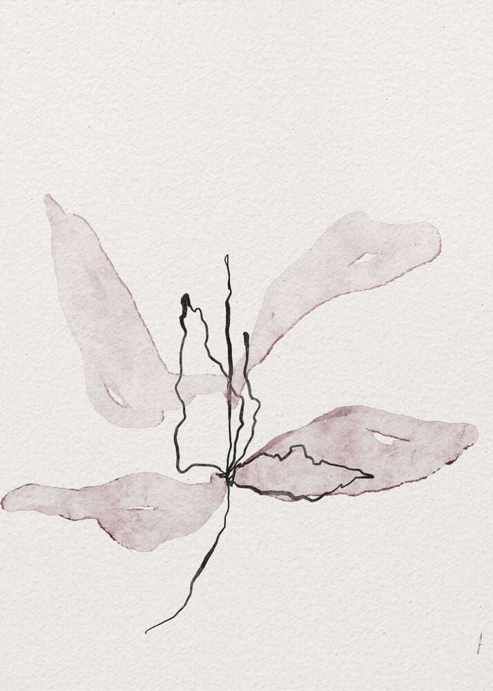 Minimalist ink and watercolor illustration of a delicate purple flower on a white background. Abstract botanical art.