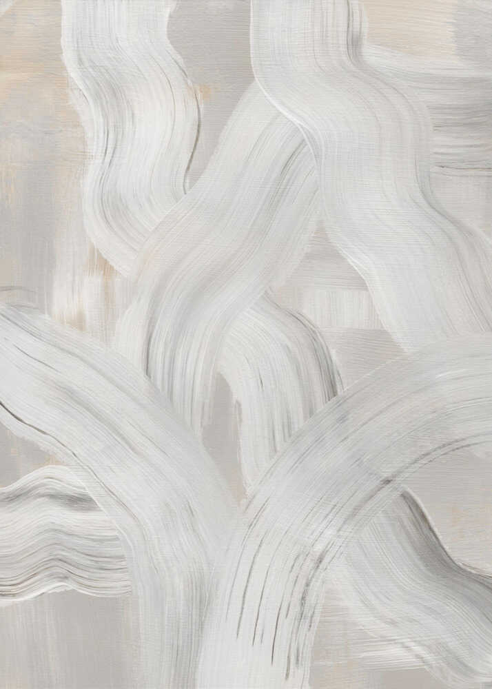 Abstract painting with interwoven, thick white and gray brushstrokes on a light neutral background. Modern minimalist wall art.