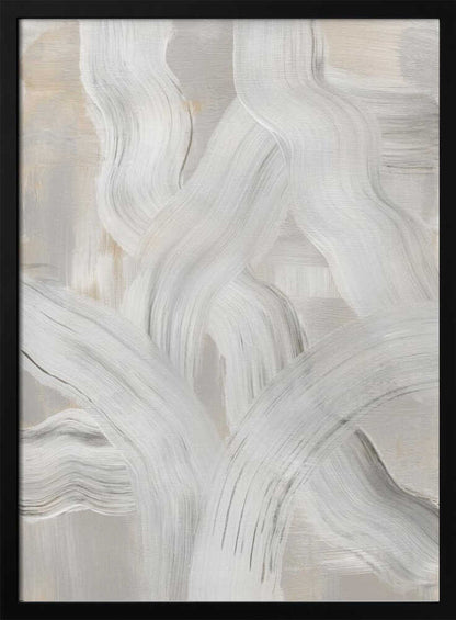 Abstract painting with interwoven, thick white and gray brushstrokes on a light neutral background. Modern minimalist wall art.