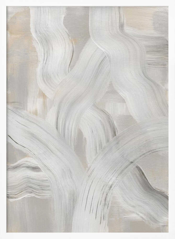 Abstract painting with interwoven, thick white and gray brushstrokes on a light neutral background. Modern minimalist wall art.