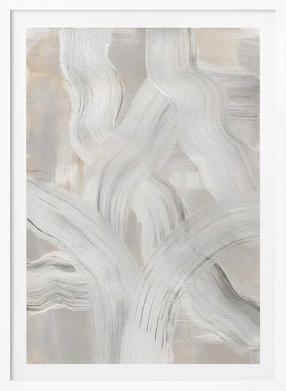 Abstract painting with interwoven, thick white and gray brushstrokes on a light neutral background. Modern minimalist wall art.