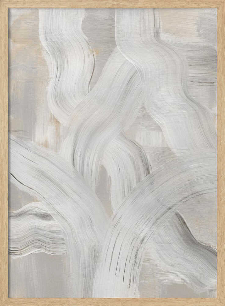 Abstract painting with interwoven, thick white and gray brushstrokes on a light neutral background. Modern minimalist wall art.