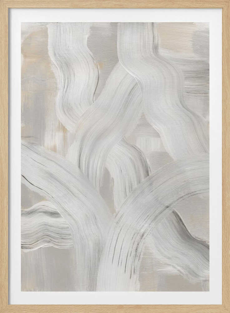 Abstract painting with interwoven, thick white and gray brushstrokes on a light neutral background. Modern minimalist wall art.