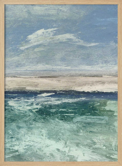 Abstract painting of an ocean scene with a sandy beach under a cloudy blue sky. Modern coastal wall art.