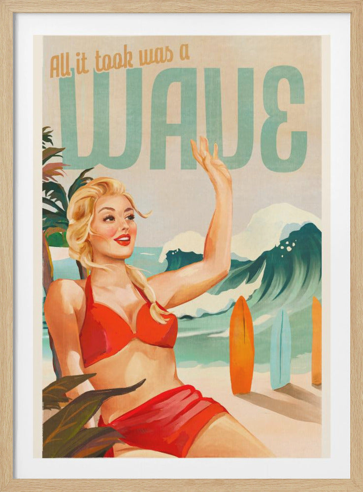 Surfing Pinup Girl On Beach In Bikini - Poster / Art Print