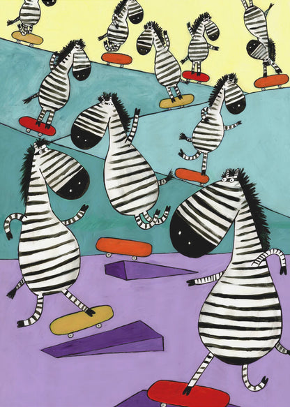Hilarious Zebras in the Skatepark by Artist Carla Daly - Poster / Art Print