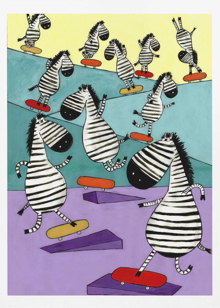 Hilarious Zebras in the Skatepark by Artist Carla Daly - Poster / Art Print