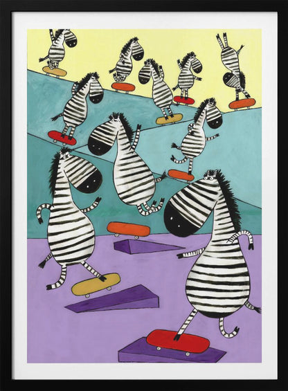 Hilarious Zebras in the Skatepark by Artist Carla Daly - Poster / Art Print