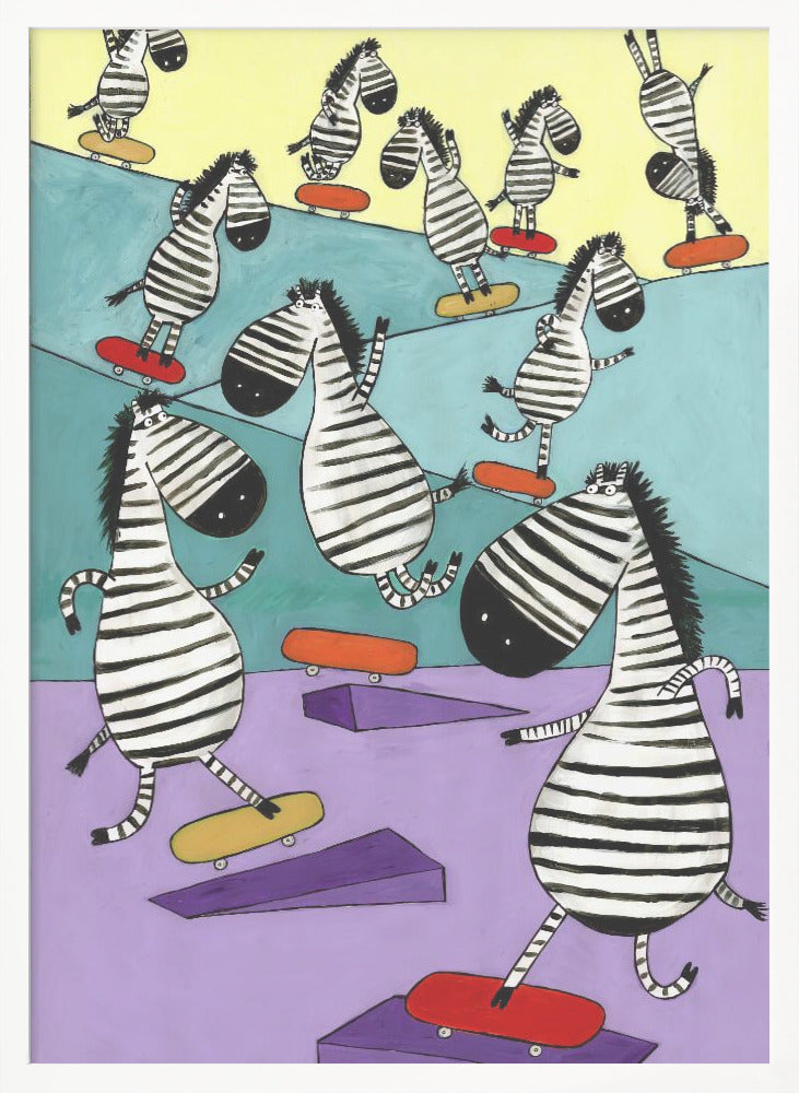 Hilarious Zebras in the Skatepark by Artist Carla Daly - Poster / Art Print