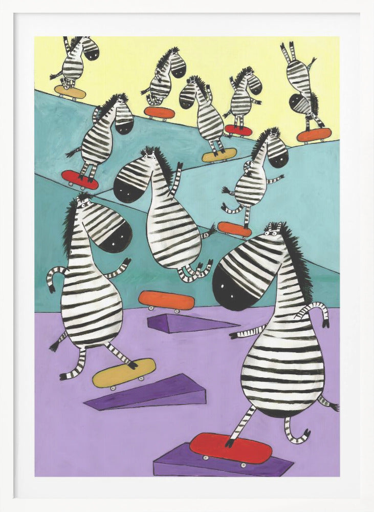 Hilarious Zebras in the Skatepark by Artist Carla Daly - Poster / Art Print