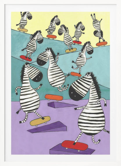 Hilarious Zebras in the Skatepark by Artist Carla Daly - Poster / Art Print