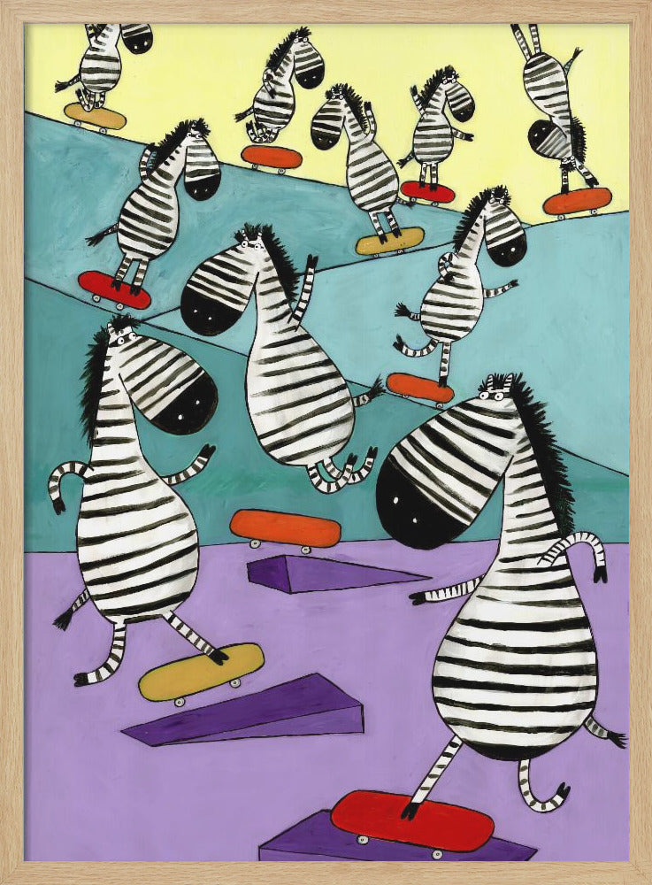 Hilarious Zebras in the Skatepark by Artist Carla Daly - Poster / Art Print