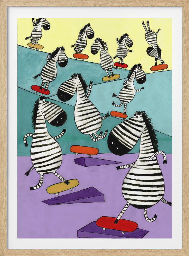 Hilarious Zebras in the Skatepark by Artist Carla Daly - Poster / Art Print