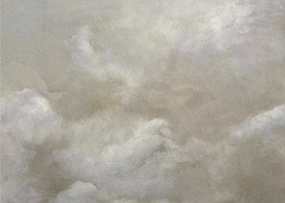A vintage-style oil painting of fluffy white and grey clouds against a beige sky, enclosed in a silver frame.