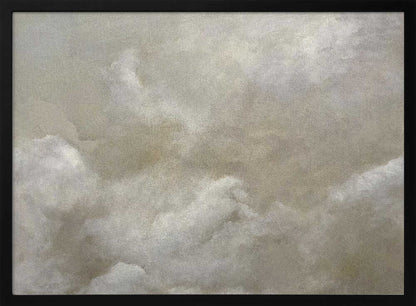 A vintage-style oil painting of fluffy white and grey clouds against a beige sky, enclosed in a silver frame.