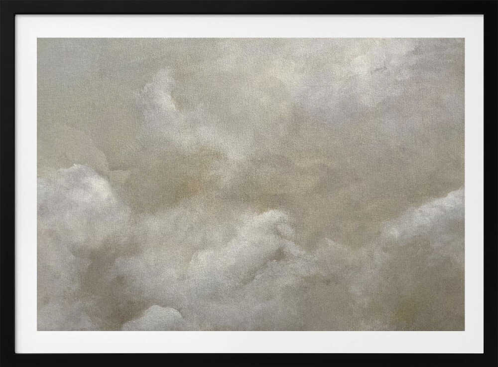 A vintage-style oil painting of fluffy white and grey clouds against a beige sky, enclosed in a silver frame.