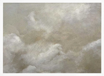 A vintage-style oil painting of fluffy white and grey clouds against a beige sky, enclosed in a silver frame.