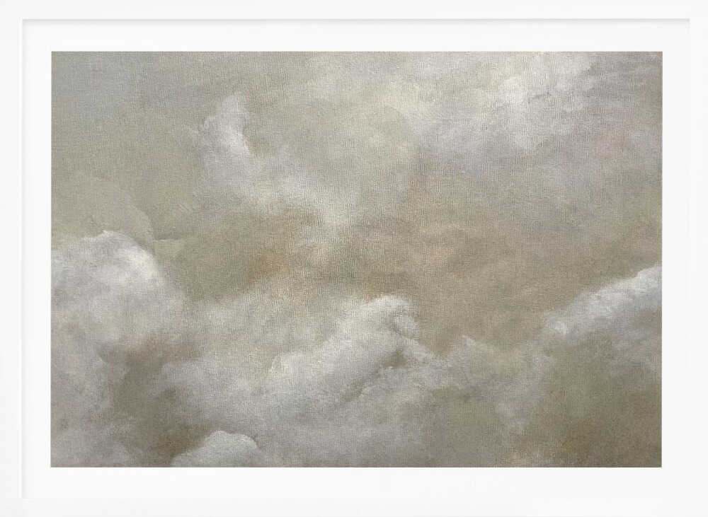 A vintage-style oil painting of fluffy white and grey clouds against a beige sky, enclosed in a silver frame.
