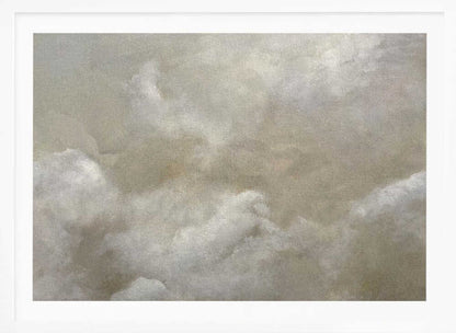A vintage-style oil painting of fluffy white and grey clouds against a beige sky, enclosed in a silver frame.