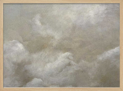 A vintage-style oil painting of fluffy white and grey clouds against a beige sky, enclosed in a silver frame.