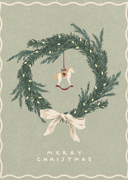 Vintage Christmas poster with an illustrated wreath, rocking horse ornament, and a cream bow on a sage green background.