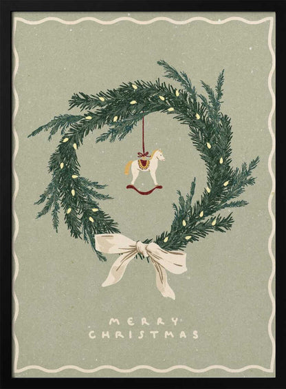 Vintage Christmas poster with an illustrated wreath, rocking horse ornament, and a cream bow on a sage green background.