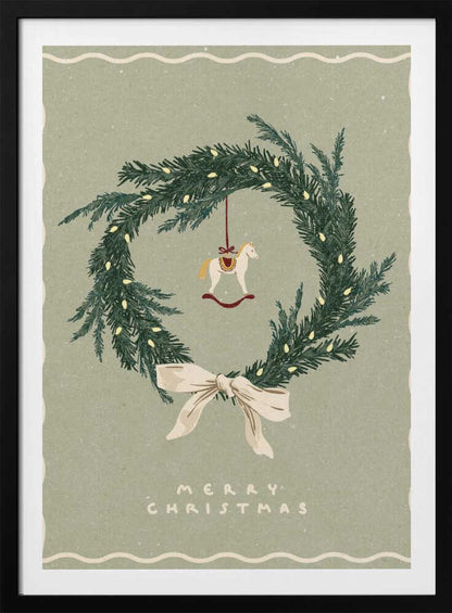 Vintage Christmas poster with an illustrated wreath, rocking horse ornament, and a cream bow on a sage green background.