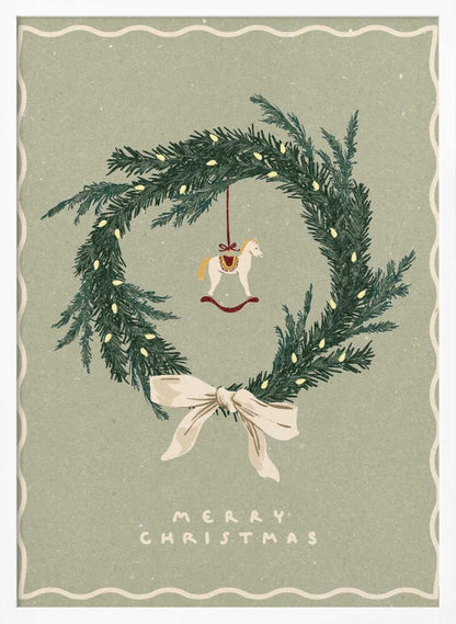 Vintage Christmas poster with an illustrated wreath, rocking horse ornament, and a cream bow on a sage green background.